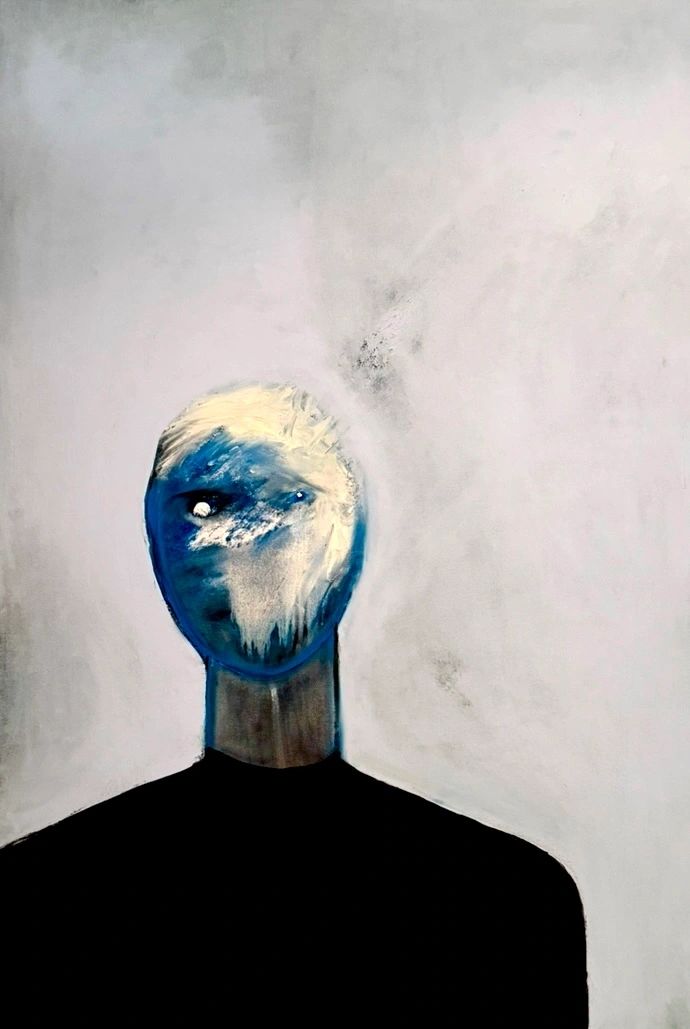 Albatross: a small pale-blue head above a black body, surrounded by grey and white.