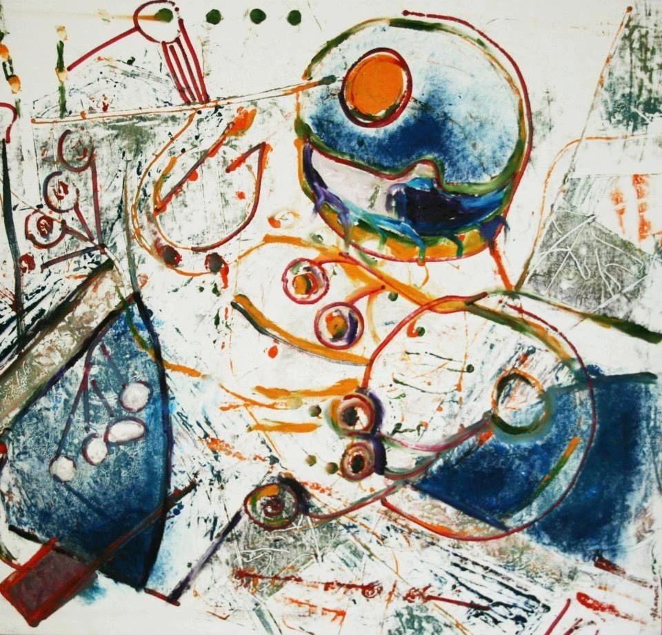 Anatomy of a Model: abstract figures and transferred marks across a pale ground.