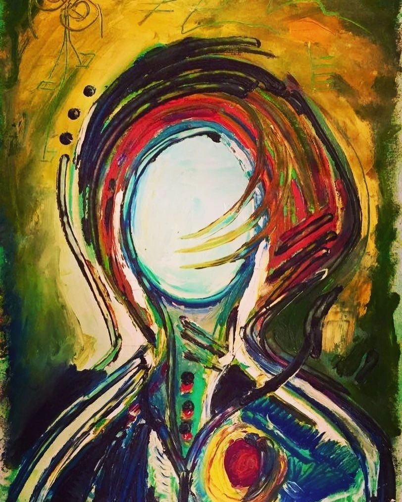 Caroline Collett: a head and shoulders formed from looping lines of yellow, green and red.