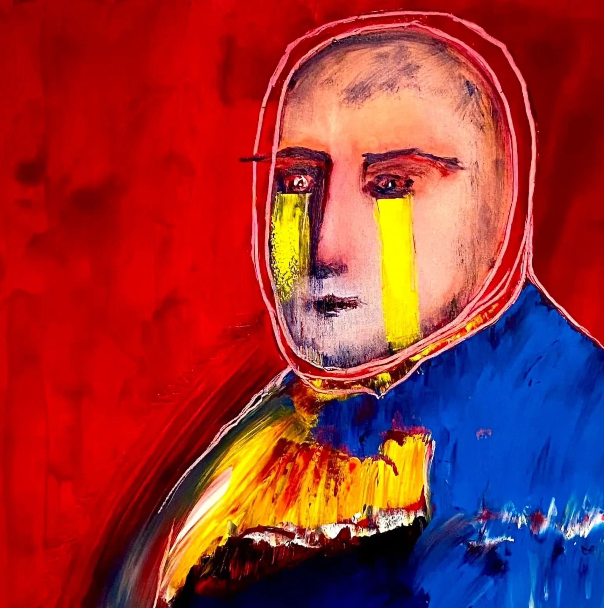 Figure Crying Gold: a blue-clad figure with gold tears against a red ground.