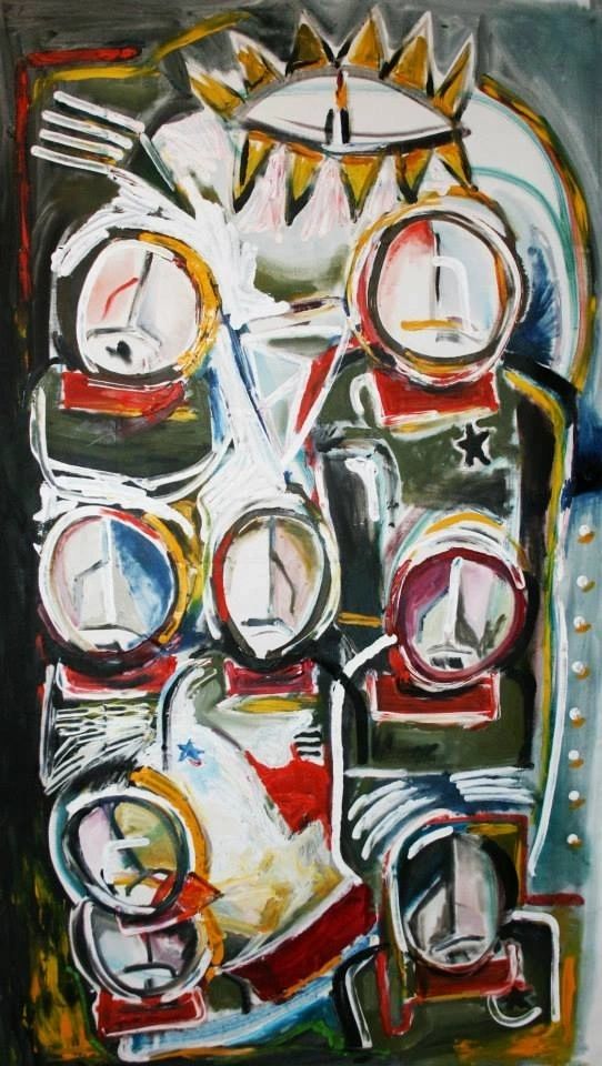 Les Huit Soldats: eight pale faces gathered in a tall, dark composition.