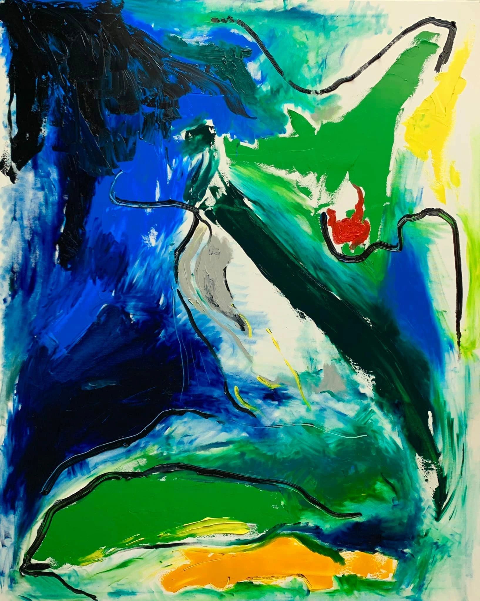 Mimosa: flowing forms in deep blue, turquoise, green and yellow.
