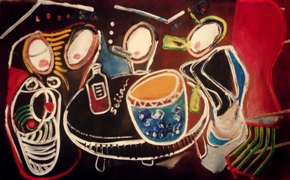Old Friends and a Lady With Two Hearts: figures gathered around a table with wine.
