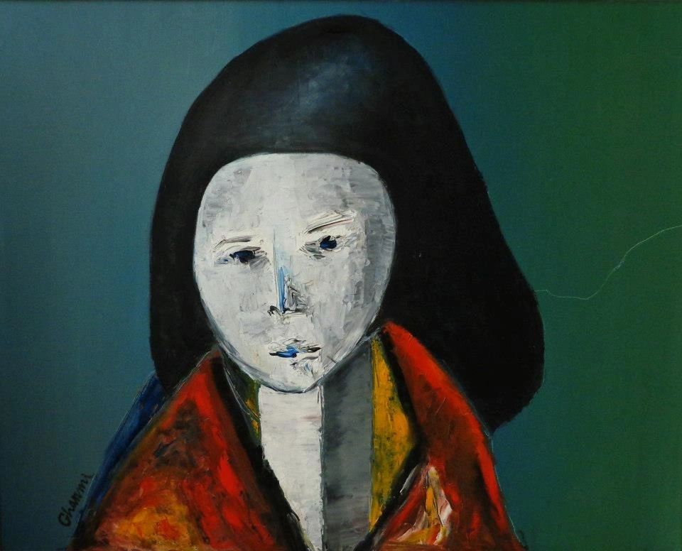 Tibeteen: a pale face framed by black hair against dark green.