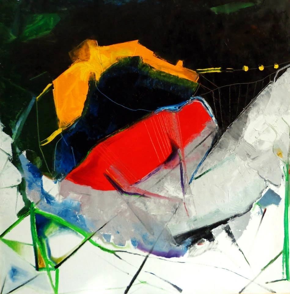 To the Whittons: gestural red, yellow, black and green forms against white.